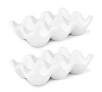 Flexzion Caja de huevos de porcelana, bandeja de cerámica de 6 capacidades, soporte de media docena, plato decorativo blanco y organizador de almacenamiento, paquete de 2