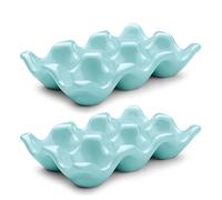 Flexzion Caja de huevos de porcelana - Bandeja de cerámica para huevos con capacidad para 6 huevos, soporte para media docena de huevos para nevera, exhibición de encimera, plato decorativo azul y