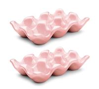 Flexzion Caja de huevos de porcelana - Bandeja de cerámica para huevos con capacidad para 6 huevos, soporte para media docena de huevos para nevera, exhibición de encimera, plato decorativo rosa y