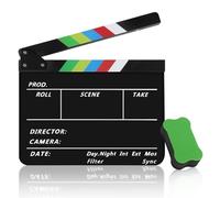 Flexzion Claqueta Cine Profesional de acrílico, 25 x 30 cm, Claqueta Cine de borrado en seco, Accesorio para decoración, películas, camaras, producción de Video, Negro con Rayas coloradas