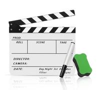 Flexzion Claqueta cine profesional de acrílico, 25 x 30 cm, Claqueta cine de borrado en seco, Accesorio para decoración, películas, camaras, producción de video, Blanco con rayas blancas y negras