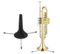 Flexzion In-Bell - Soporte para trompeta, plegable, compacto, portátil, de acero, 3 patas, a nivel del suelo, con compartimento de clavija de almacenamiento y almohadillas de fieltro (negro)