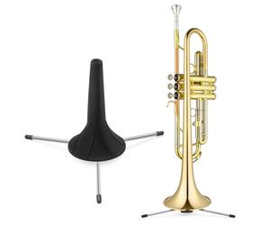 Flexzion In-Bell - Soporte para trompeta, plegable, compacto, portátil, de acero, 3 patas, a nivel del suelo, con compartimento de clavija de almacenamiento y almohadillas de fieltro (negro)