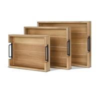 Flexzion Juego de bandejas rústicas para servir - Bandeja apilable de madera de abeto de 3 piezas con asa, bandeja de desayuno de madera, bandeja de embutidos anidada duradera para mesa de café