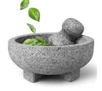 Flexzion Juego de mortero y pilón de granito - Soporte de cuenco de piedra de granito sólido de 7.9 pulgadas para guacamole, hierbas, especias, ajo, cocina, cocina, medicina