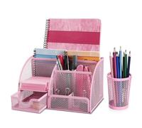 Flexzion Juego de organizador de escritorio (rosa) - Organizador de escritorio de malla de metal con cajones, 6 compartimentos y soporte para lápices para mujeres y hombres - Organizador de escritorio