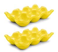 Flexzion Lote de 2 bandejas para huevos de porcelana - Bandeja de cerámica de 6 capacidades, soportes para refrigerador de media docena, expositor de mostrador - Plato de servir decorativo amarillo y