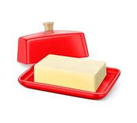 Flexzion Mantequera Europea de Cerámica Rojo con Tapa para Encimera (18 cm) - Portamantequilla Ancho para 2 Barras, Contenedor para Queso Crema y Conservador