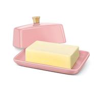 Flexzion Mantequera europea de cerámica Rosa con tapa para encimera (20,3 cm) - Portamantequilla ancho para 2 barras, recipiente para queso crema y almacenamiento