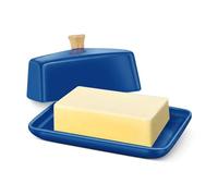 Flexzion Mantequillera europea de cerámica azul oscuro con tapa para encimera (8 pulgadas) - Soporte doble ancho de 2 barras para mantequilla para mostrador, contenedor de queso crema
