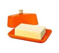 Flexzion Mantequillera europea de cerámica naranja con tapa para encimera (7 pulgadas) - Soporte doble de 2 barras de mantequilla para mostrador, contenedor de queso crema
