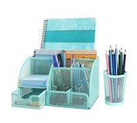 Flexzion Organizador de escritorio de malla de metal verde, organizador de suministros de escritorio de oficina, organizador de accesorios de escritorio para mujeres, hombres y estudiantes, 6