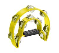 Flexzion Pandereta de metal de media luna instrumentos musicales de doble fila de cascabeles de metal de percusión con mango ergonómico, panderetas para adultos, amarillo