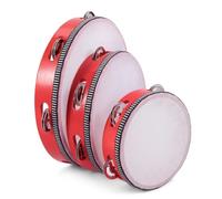 Flexzion Pandereta redonda de madera para niños y adultos de 10, 8, 6 pulgadas de una sola fila, 8 pares de cascabeles, instrumento de percusión de mano rojo para principiantes y profesionales