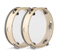 Flexzion Pandereta, tambor de mano con mango, paquete de 2 unidades, 20 cm, corona de madera en forma de luna, instrumento de percusión musical, 1 fila, anillo de abrazadera con 5 pares de abrazaderas