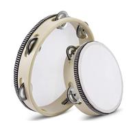 Flexzion Panderetas de mano de madera, juego de 2 unidades de 8 y 6 pulgadas, con cascabeles de metal de una sola fila (madera), pandereta de mano, tambor de percusión, luna, instrumento educativo