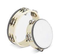 Flexzion Paquete de 2 panderetas de mano de madera, juego de 8 + 6 pulgadas con cascabel de metal de doble fila (madera), pandereta de mano, tambor de percusión, instrumento musical de luna