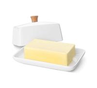 Flexzion Recipiente para la mantequilla con tapa de cerámica, Mantequillera con tapa para la conservación de mantequilla, Accesorio de cocina para almacenamiento y decoración, Blanco, 20 cm