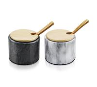Flexzion Salero de mármol con tapa y cuchara - Juego de 2 cuencos para sal y pimienta, contenedor con almohadilla antideslizante - Tarro de mármol para pimentón, hierbas, joyas (Set de 2,