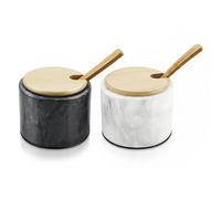 Flexzion Salero de mármol con tapa y cuchara - Juego de 2 cuencos para sal y pimienta, contenedor con almohadilla antideslizante - Tarro de mármol para pimentón, hierbas, joyas (Set de 2,