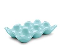 Flexzion Soporte de cerámica para huevos para nevera, bandeja de huevos de 6 tazas, media docena, contenedor de porcelana, organizador de almacenamiento, plato decorativo para servir, para