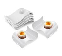 Flexzion Soporte para huevos de cerámica - Juego de 6 soportes para huevos duros y soporte para huevos hervidos suaves, huevera blanca, estable y apilable, estilo moderno ondulado con base