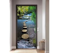 FLFK 3D Puente de Piedra del Arroyo de montaña PVC Adhesivo Fotográfico Vinilos Puerta Pegatina Pared Murales para Cocina Sala de Baño Decorativos 77X200cm