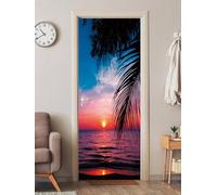 FLFK 3D Puesta de Sol Tropical Adhesivo Vinilos Puerta Pegatina Pared Murales para Cocina Sala de Baño Decorativos 77X200cm