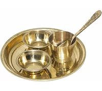 FLFWLASS Laddu Gopal Thakur Ji Bhojan Thaal - Krishna Bhoog Pooja Thali/Prasad Bartan Thali - Juego de 5 platos y utensilios de latón chapado en oro de 4 pulgadas (juego de 5 piezas), dorado