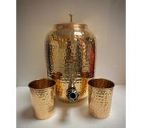 FLFWLASS Recipiente para agua de cobre ayurveda martillado hecho a mano indio, 4 litros, con 2 vasos de cobre + 300 ml de vidrio cada uno, 3 piezas de cobre, DVFRT-521