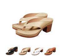 FLFXYFB 2025 Women's Solid Color Summer Chunky Heel Sandals, Chunky Sandals For Women, Casual Square Toe Flip Flops Shoes Wedges (37,Gold)