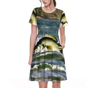 FLGHJNBJN Bass Fishing Wave - Vestido de manga corta para mujer, cintura elástica con bolsillos, corte midi acampanado para atuendos diarios, Negro, M