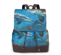 FLGHJNBJN Dolphins Sea Turtle Shark Octopus Coral Reef Mochila versátil de cuero para mujer, elegante mochila de poliuretano para viajes, universidad, viajes al aire libre