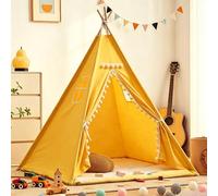 Fliegengitter Carpa para Niños, Carpa De Algodón De Lona Deportiva para Niños con Alfombra Y Ventanas, Anti-Colapso - Ventanas Laterales, Casa Infantil Moderna Y Duradera (Yellow, 1.35M)