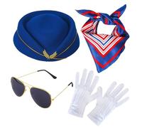 Flight Attendant Costume, Airline Costume Accessories, Cosplay Dress Up Set, Stewardess Hat Silk Scarf Sunglasses Gloves, Women PartyOutfit, Halloween Fancy Dress