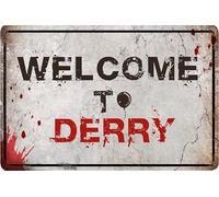 Flinelife Letrero de metal con texto en inglés "Welcome To Derry", 12 x 8 pulgadas, letrero de película de terror, decoración de casa encantada, perfecto para los fanáticos de las películas de terror
