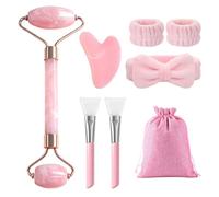 flintronic 8 en 1 Gua Sha Facial Rodillo de Jade, Juego de Rodillo Cara Masaje y Piedra Gua Sha, Masajeador Facial Jade, Rodillo Facial Masaje,Guasha Piedra,Diadema,Cepillo Mascarilla Silicona,Bolsa