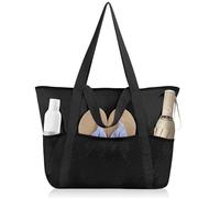 flintronic Bolso de Playa para Mujer, Bolso de Playa de Malla Verano, Bolso de Mano Impermeable Plegable, con Bolsillos y Cremallera, para Fiestas en la Playa, Viajes, Compras Negro
