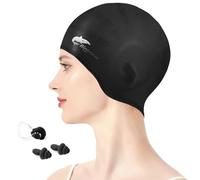 flintronic Gorro de Baño, Gorro Piscina Protecion de Oido 3D,Gorros de Natación de Silicona para Nadadores con Clip Nasal y Tapones para los Oídos -Negro