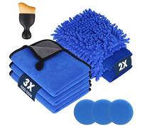 flintronic Juego de 9 Piezas Bayeta Microfibra, 2 Piezas Manoplas de Secado Lavado, 3 Paños De Microfibra para Coche 3 Esponjas de Pulido para Coche 1 Cepillo Limpieza, Kit Limpieza Coche, Azul