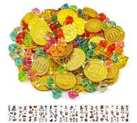 Flintronic Monedas Piratas, 212 Piezas Monedas de Oro Juguete para Niños con100 Gemas y 100 Monedas de Oro, 12 Pegatinas de Tatuaje, para Fiestas Temáticas Piratas