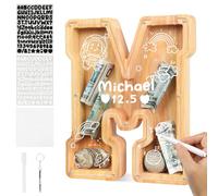 flintronic Wooden Money Box for Kids, Personalised Letter Money Box, Clear Alphabet Money Bank Coin Bank for Boys Girls Toddler, Ideal Gifts for Birthday, Christmas (M)