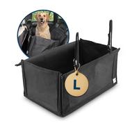 FLIPLINE Asiento de coche para perros - Caja para perros reforzada e impermeable para perros de 12 (S) hasta 26 (L) kg | Accesorios para perros 75 x 50 x 50 cm, montaje rápido | Cuatro correas +