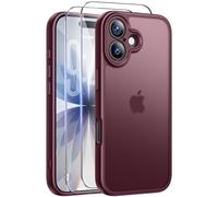 FLLAO Funda compatible con iPhone 17, con 2 piezas de cristal templado [antigolpes grado militar] traslúcida mate trasera antigolpes protectora case,funda iPhone 17 anti-amarillo, rojo vino