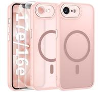 FLLAO Funda para iPhone 16e / 17e, Compatible MagSafe, con 2 Piezas Protector de Pantalla Cristal Templado, [Protección de Cámara] Magnética Carcasa Translúcida Mate Trasera Antigolpe, Rosa