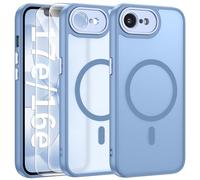 FLLAO Funda para iPhone 16e / 17e, Compatible MagSafe, con 2 Piezas Protector de Pantalla Cristal Templado, [Protección de Cámara] Magnética Carcasa Translúcida Mate Trasera Antigolpe, Azul