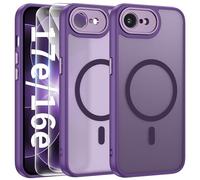 FLLAO Funda para iPhone 16e / 17e, Compatible MagSafe, con 2 Piezas Protector de Pantalla Cristal Templado, [Protección de Cámara] Magnética Carcasa Translúcida Mate Trasera Antigolpe, Morado Oscuro