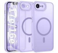 FLLAO Funda para iPhone 16e / 17e, Compatible MagSafe, con 2 Piezas Protector de Pantalla Cristal Templado, [Protección de Cámara] Magnética Carcasa Translúcida Mate Trasera Antigolpe, Púrpura Claro
