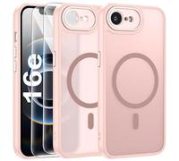 FLLAO Funda para iPhone 16e, Compatible MagSafe, con 2 Piezas Protector de Pantalla Cristal Templado, [Protección de Cámara] Magnética Carcasa Translúcida Mate Trasera Fina Antigolpes, Rosa