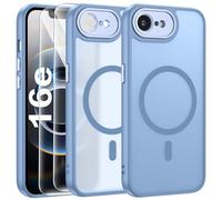 FLLAO Funda para iPhone 16e, Compatible MagSafe, con 2 Piezas Protector de Pantalla Cristal Templado, [Protección de Cámara] Magnética Carcasa Translúcida Mate Trasera Fina Antigolpes, Azul